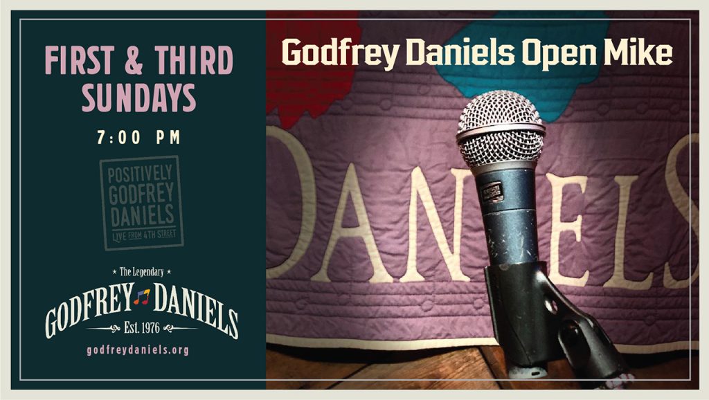 promotional image for the Open Mike Nights at Godfrey Daniels. Featuring a microphone interviewing the Godfrey Daniels quilt